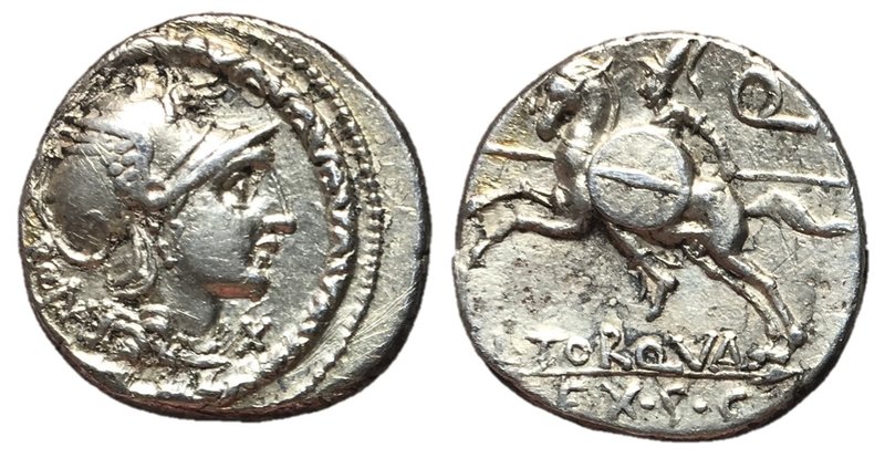 L. Toquatus, 113 - 112 BC
Silver Denarius, Rome Mint, 18mm, 3.95 grams
Obverse...