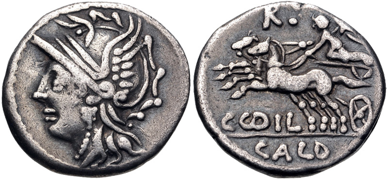 C. Coelius Caldus, 104 BC
Silver Denarius, Rome Mint, 18mm, 3.84 grams
Obverse...
