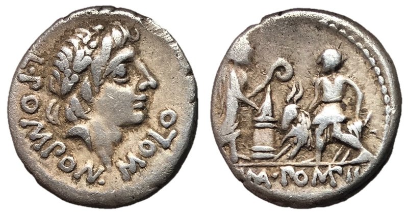 L. Pomponius Molo, 97 BC
Silver Denarius, Rome Mint, 18mm, 3.89 grams
Obverse:...
