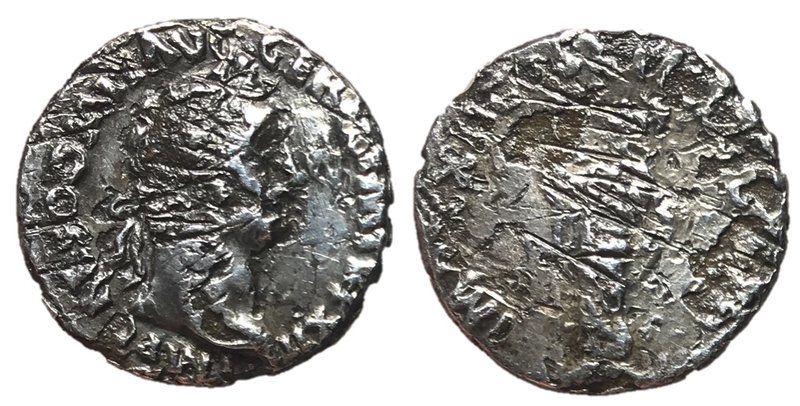 Domitian, 81 - 96 AD
Fourre Denarius, 18mm, 2.36 grams
Obverse: IMP CAES DOMIT...