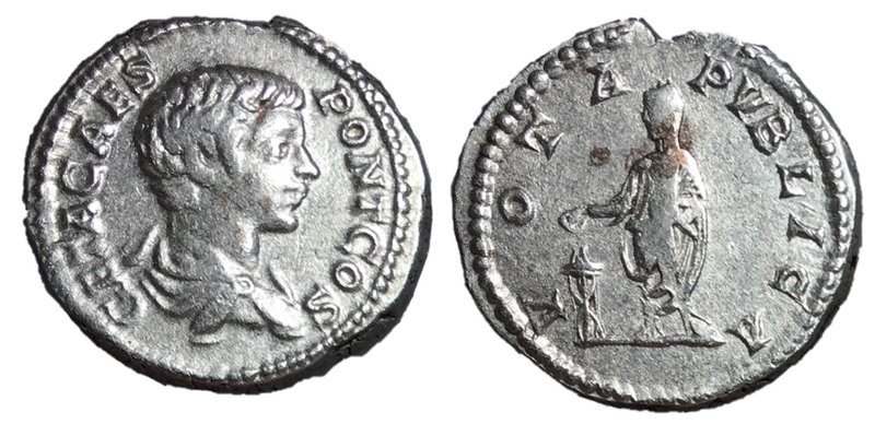 Geta, as Caesar, 109 - 209 AD
Silver Denarius, Rome Mint, 19mm, 3.29 grams
Obv...