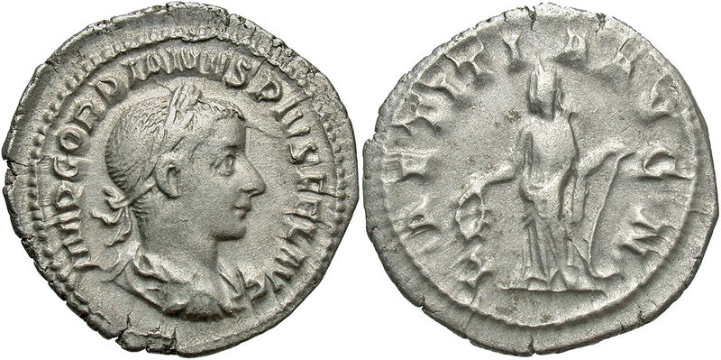 Gordian III, 238 - 244 AD
Silver Denarius, Rome Mint, 21mm, 2.74 grams
Obverse...