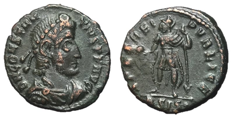 Constantius II, 337 - 361 AD
AE Follis, Siscia Mint, 17mm, 2.26 grams
Obverse:...