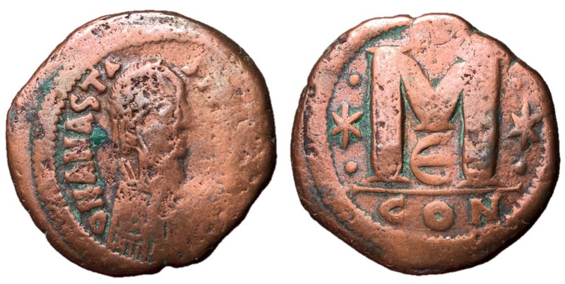 Anastasius, 491 - 518 AD
AE Follis, Constantinople Mint, 33mm, 15.35 grams
Obv...