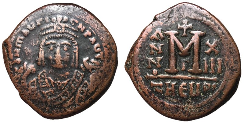 Maurice Tiberius, 582 - 602 AD
AE Follis, Theoupolis Mint, 30mm, 12.01 grams
O...