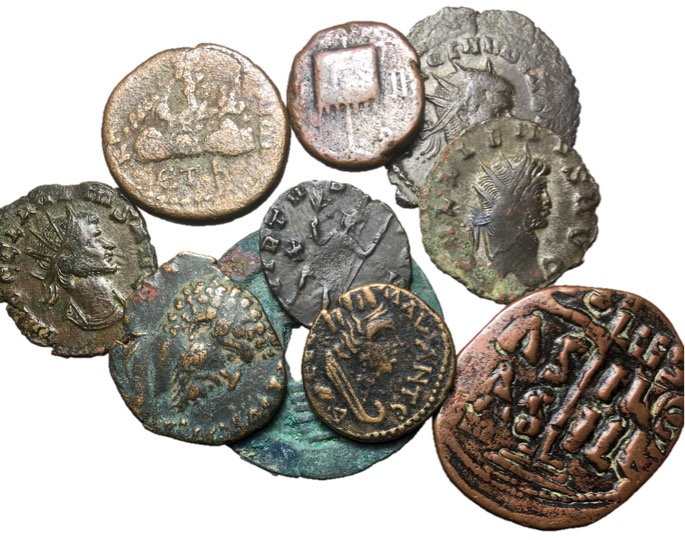 Miscellaneous lot of 10 ancients, as seen in photo up to 30mm in diameter. Sold ...