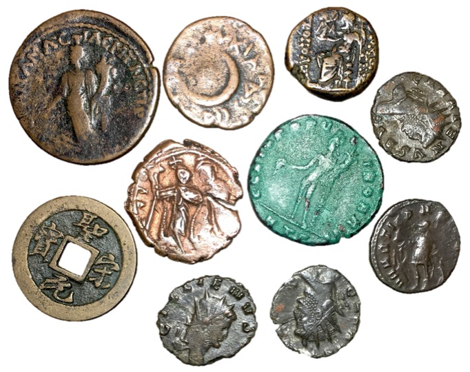 Miscellaneous lot of 10 ancients, as seen in photo up to 30mm in diameter. Sold ...