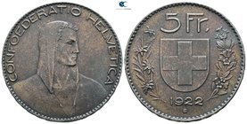 Switzerland. Bern.  AD 1922. 5 Francs AR