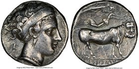 CAMPANIA. Neapolis. Ca. 350-325 BC. AR didrachm or nomos (20mm, 7.26 gm, 8h). NGC Choice XF 5/5 - 3/5, Fine Style. Head of nymph, wearing broad headba...