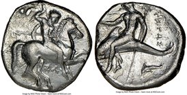 CALABRIA. Tarentum. Ca. 332-302 BC. AR stater or didrachm (21mm, 2h). NGC Fine. Sa-, A- and S-, magistrates. Nude warrior on horse rearing right, shie...