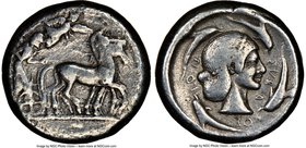 SICILY. Syracuse. Deinomenid Tyranny, Gelon I (ca. 480-475 BC). AR tetradrachm (24mm, 16.97 gm, 12h). NGC Fine 5/5 - 3/5. Charioteer driving walking q...