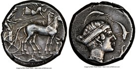 SICILY. Syracuse. Second Democracy. Ca. 450-440 BC. AR tetradrachm (24mm, 17.46 gm, 3h). NGC Choice VF 4/5 - 3/5. Charioteer driving walking quadriga ...