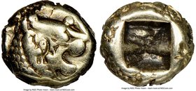 LYDIAN KINGDOM. Alyattes or Croesus (ca. 610-546 BC). EL 1/12 stater or hemihecte (7mm). NGC Choice VF, countermarks. Sardes mint. Head of roaring lio...