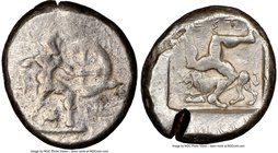 PAMPHYLIA. Aspendus. Ca. mid-5th century BC. AR stater (22mm, 5h). NGC Choice Fine, test cut. Helmeted nude hoplite warrior advancing right, shield in...