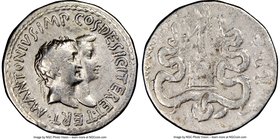 Marc Antony, as Triumvir and Imperator (44-30 BC), with Octavia. AR cistophorus (25mm, 8.85 gm, 12h). NGC Choice Fine 4/5 - 2/5, graffito. Ephesus, ca...