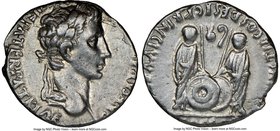 Augustus (27 BC-AD 14). AR denarius (18mm, 11h). NGC Choice XF. Lugdunum, 2 BC-AD 4. CAESAR AVGVSTVS-DIVI F PATER PATRIAE, laureate head of Augustus r...