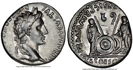 Augustus (27 BC-AD 14). AR denarius (17mm, 11h). NGC XF. Lugdunum, 2 BC-AD 4. CAESAR AVGVSTVS-DIVI F PATER PATRIAE, laureate head of Augustus right / ...