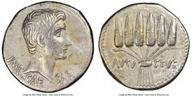 Augustus (27 BC-AD 14). AR cistophorus (25mm, 11.28 gm, 1h). NGC Choice VF 5/5 - 2/5, graffito, bankers mark. Ephesus, ca. 25 BC. IMP•-CAE-SAR, bare h...