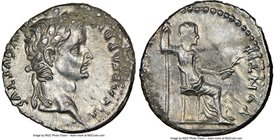 Tiberius (AD 14-37). AR denarius (18mm, 3.66 gm, 2h). NGC Choice AU 3/5 - 2/5. Lugdunum. TI CAESAR DIVI-AVG F AVGVSTVS, laureate head of Tiberius righ...