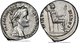 Tiberius (AD 14-37). AR denarius (19mm, 3.78 gm, 10h). NGC AU 4/5 - 4/5, flan flaw. Lugdunum. TI CAESAR DIVI-AVG F AVGVSTVS, laureate head of Tiberius...