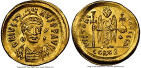 Justin I (AD 518-527). AV solidus (20mm, 4.49 gm, 6h). NGC MS 5/5 - 4/5. Constantinople, 1st officina. D N IVSTI-NVS PP AVG, helmeted, cuirassed bust ...