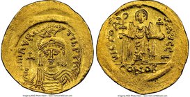 Maurice Tiberius (AD 582-602). AV solidus (22mm, 4.46 gm, 7h). NGC MS 5/5 - 3/5, brushed. Constantinople, 10th officina. o N mAVRC-TIb PP AVG, draped ...