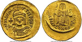 Maurice Tiberius (AD 582-602). AV solidus (22mm, 4.51 gm, 5h). NGC MS 4/5 - 3/5, light graffito. Constantinople, 4th officina. o N mAVRC-TIb PP AVG, d...