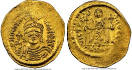 Maurice Tiberius (AD 582-602). AV solidus (22mm, 4.46 gm, 7h). NGC Choice AU 4/5 - 3/5, brushed. Constantinople, 7th officina. o N mAVRC-TIb PP AVG, d...
