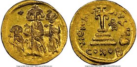 Heraclius (AD 610-641), with Heraclius Constantine and Heraclonas. AV solidus (20mm, 4.49 gm, 7h). NGC MS 4/5 - 3/5. Constantinople, 9th over 3rd offi...