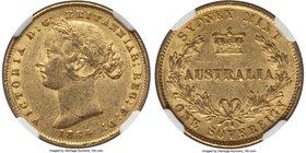 Victoria gold Sovereign 1864-SYNDEY AU53 NGC, Sydney mint, KM4. A lightly circulated example with original unbroken luster clinging to the devices on ...