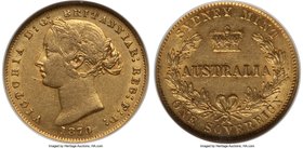 Victoria gold Sovereign 1870-SYDNEY AU55 NGC, Sydney mint, KM4. Well defined with a quite luster and meager signs of wear on this charming piece. Ex. ...