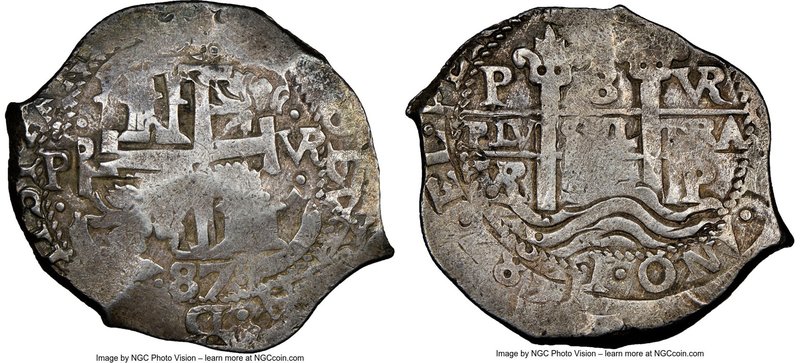 Charles II Cob 8 Reales 1687 P-VR VF30 NGC, Potosi mint, KM26. 27.76gm. Two digi...