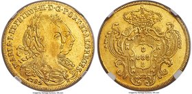 Maria I & Pedro III gold 6400 Reis 1785-B AU55 NGC, Bahia mint, KM199.1. Surfaces are clean despite mild circulation, and the fields retain a pleasing...