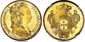 Maria I gold 6400 Reis 1805-R AU58 NGC, Rio de Janeiro mint, KM226.1, Fr-87. A piece that is just shy of Mint State, the surfaces displaying an abunda...
