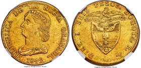 Nueva Granada gold 16 Pesos 1842 BOGOTA-RS AU50 NGC, Bogota mint, KM94.1. A charming specimen with bold device details and considerable golden luster ...