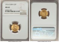 Republic gold 2 Pesos 1916 MS63 NGC, Philadelphia mint, KM17. Two year type. AGW 0.0967 oz. 

HID09801242017