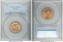 Republic gold 20 Francs 1912 MS65 PCGS, Paris mint, KM857. Lovely peach or rose-gold toning. AGW 0.1867 oz. 

HID09801242017
