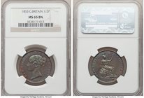 Victoria 1/2 Penny 1853 MS65 Brown NGC, KM726, S-3949. Doused in florescent teal toning wherever brown surfaces are visible with minimal red peaking a...