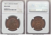 Victoria Penny 1887 MS65 Brown NGC, KM755, S-3954. Exceptional strike mostly chocolate in color yet backlit with deep flaming red and violet highlight...
