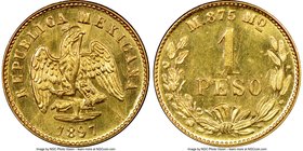 Republic gold Peso 1897 Mo-M MS64 NGC, Mexico City mint, KM410.5. Obverse fields displays die cracks that give this coin a unique appearance.

HID0980...