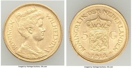 Wilhelmina gold 5 Gulden 1912 AU, KM151. 17.9mm. 3.37gm. AGW 0.0972 oz.

HID09801242017