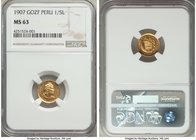 Republic gold 1/5 Libra 1907-GOZF MS63 NGC, Lima mint, KM210.

HID09801242017
