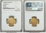 Charles III gold 2 Escudos 1788 M-M AU58 NGC, Madrid mint, KM417.1a. High luster for the grade.

HID09801242017