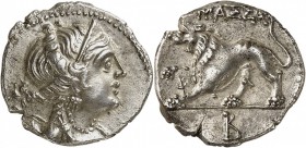 GAULE. Massilia (280-150 av. J.C). Drachme. Av. Buste d’Artémis drapé à droite. Rv. Lion à gauche. CMM série 10-69. 2,74 grs. Très beau style, éclat d...