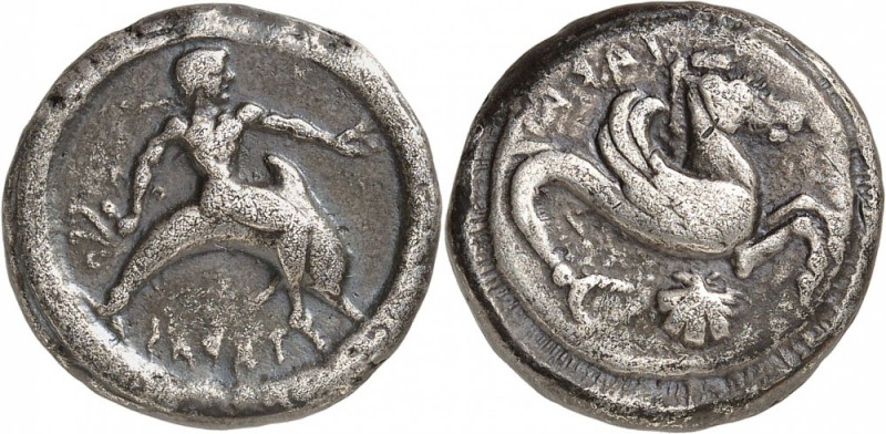 GRÈCE. Calabre, Tarente (500-473 av. J.C). Statère. Av. Éphèbe chevauchant un da...