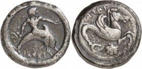GRÈCE. Calabre, Tarente (500-473 av. J.C). Statère. Av. Éphèbe chevauchant un dauphin à droite. Rv. Hippocampe à droite, dessous un coquillage. Vlasto...