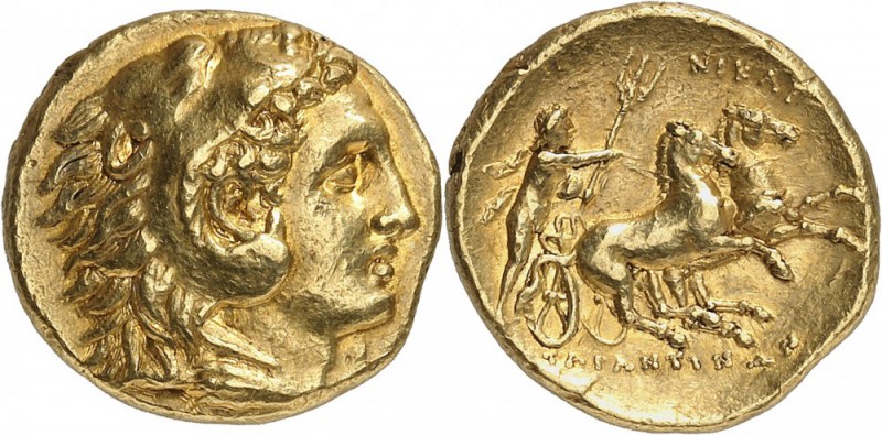 GRÈCE. Calabre, Tarente (276-272 av. J.C). Statère d’or. Av. Tête d’Héraclès jeu...