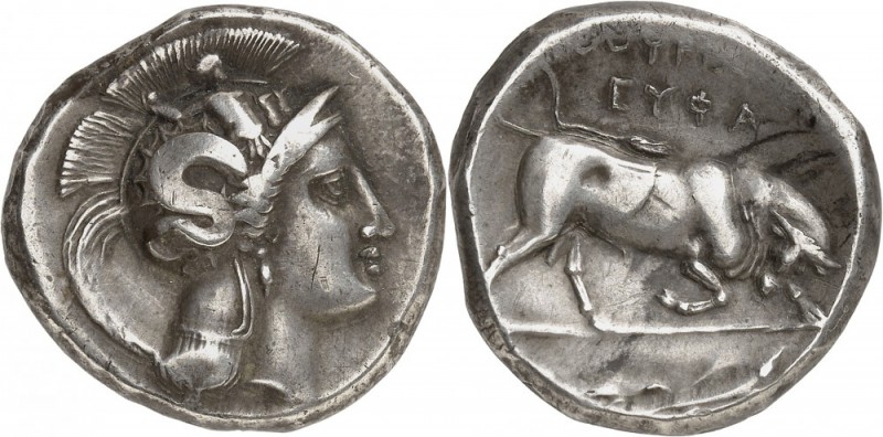 GRÈCE. Lucanie, Thurium (400-350 av. J.C). Distatère. Av. Tête d’Athéna casquée ...