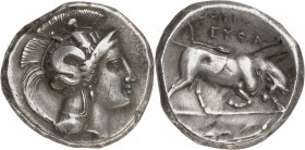 GRÈCE. Lucanie, Thurium (400-350 av. J.C). Distatère. Av. Tête d’Athéna casquée à droite, Scylla dessus. Rv. Taureau chargeant à droite. SNG Cop. 1430...