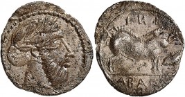 GRÈCE. Sicile, Abakainon (430-420 av J.C). Litrae. Av. Tête laurée de Zeus à droite. Rv. Sanglier à droite. SNG ANS 897. SNG Fitzwilliam 833. 0,58 grs...